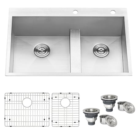 Ruvati 33" Drop-in Low Platform-Divide 60/40 Dbl Bowl 16 Ga Kitchen Sink RVH8059